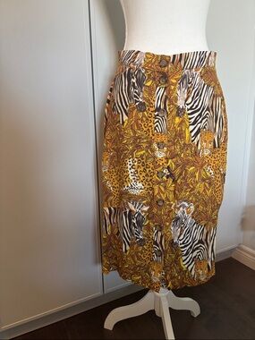 Anthropologie Yellow Animal & Zebra Print Button-Front Midi Skirt
